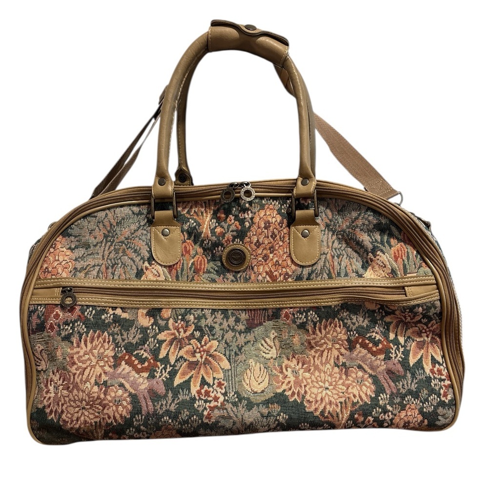 Capezio Brown and Tan Travel Bag with Vintage Tapestry Design Tan Leather Trim. - Picture 1 of 9